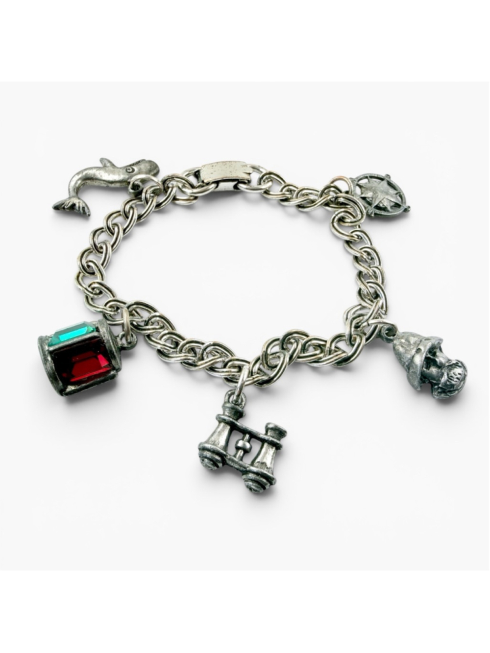 Vintage 1960s Nautical Charm Bracelet Dolphin Compass Lantern Anchor
